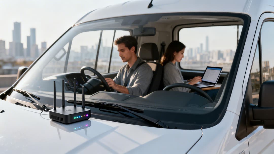 A black router sits on a white van's hood, providing mobile internet for two people working inside.