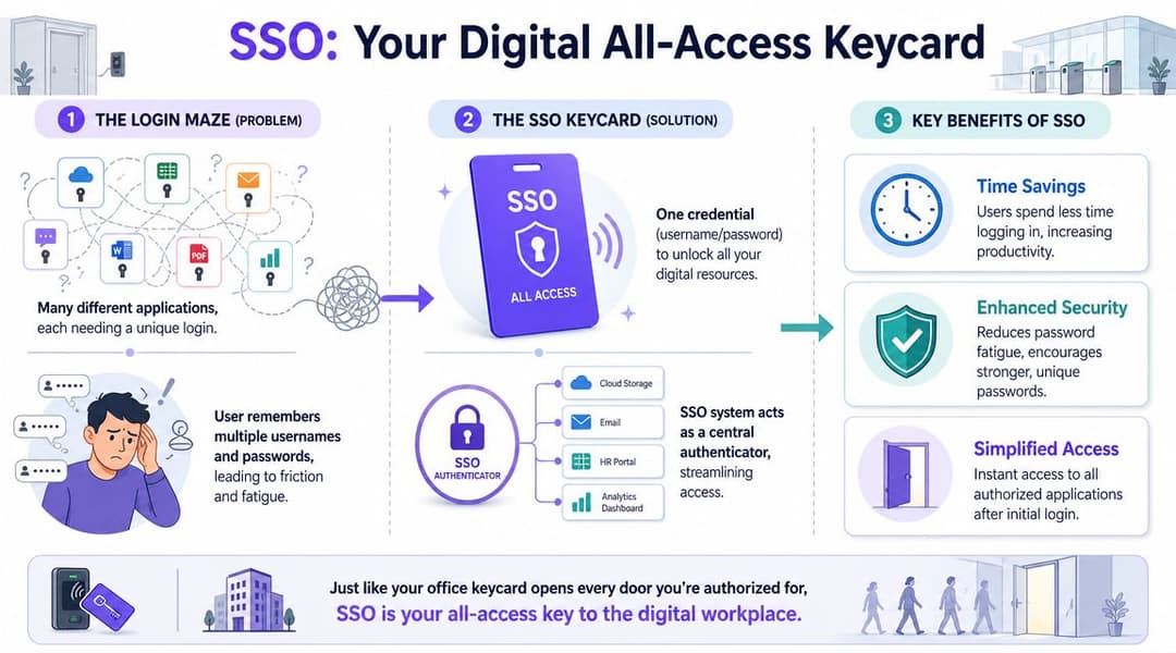 Um infográfico que explica como o início de sessão único simplifica o acesso do utilizador ao utilizar uma credencial para várias aplicações.