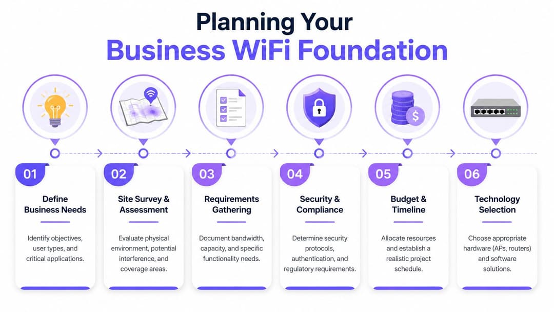 A six-step infographic detailing the process of planning a secure and effective business WiFi network foundation.