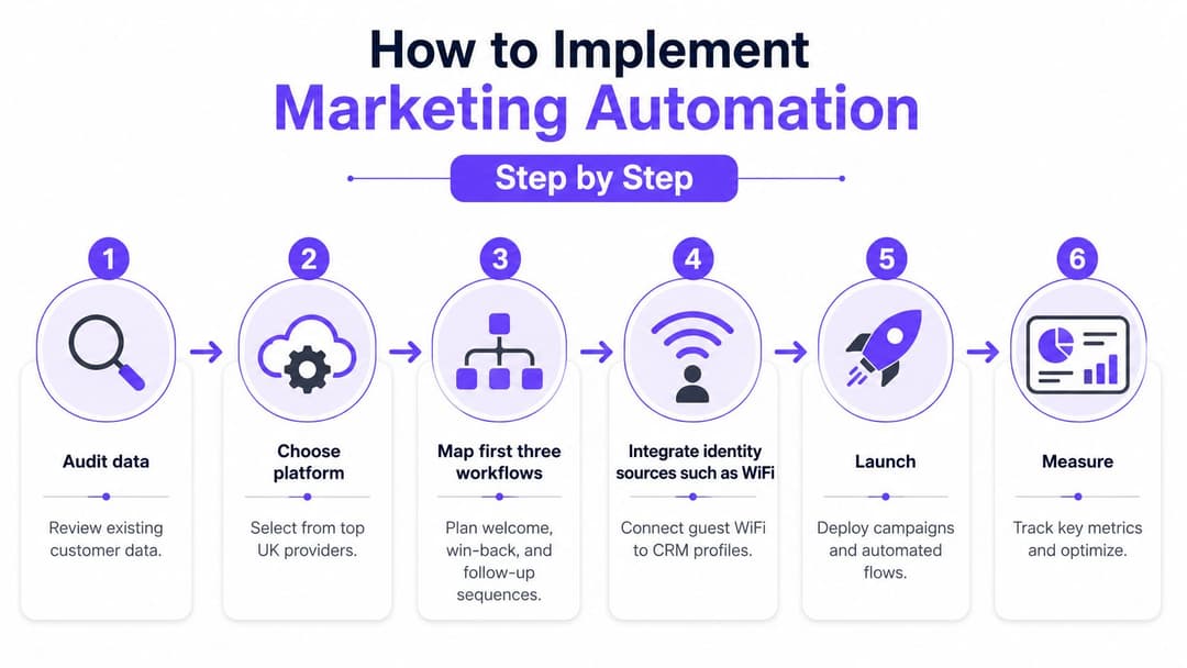 A six-step infographic guide detailing how to implement effective marketing automation for your business processes.