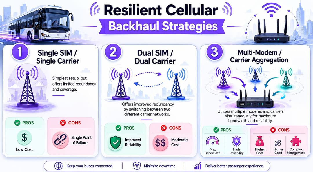 Um infográfico de comparação visual que mostra três estratégias de backhaul celular diferentes para manter a conectividade de internet em autocarros.
