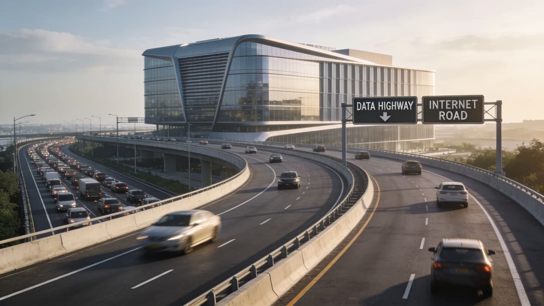 A highway leading toward a modern glass building with road signs labeled data highway and internet road.