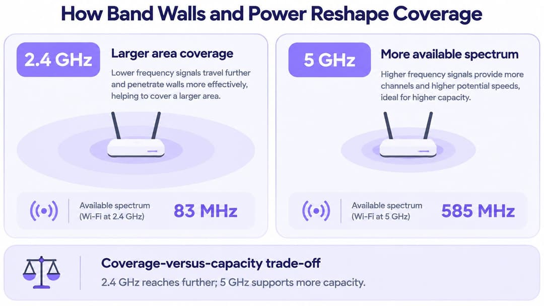 An infographic comparing 2.4 GHz and 5 GHz Wi-Fi bands for coverage and capacity trade-offs.