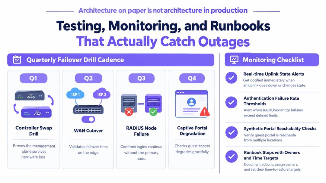 An infographic detailing a quarterly failover drill cadence and a monitoring checklist for IT infrastructure reliability.