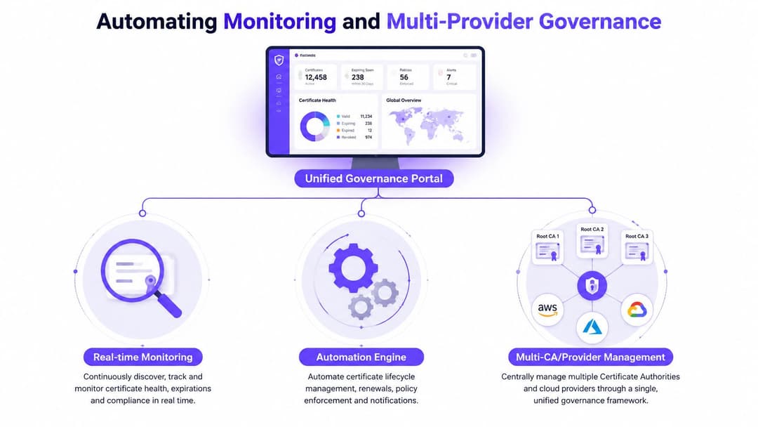 A diagram illustrating a unified governance portal for automated monitoring and management of multi-provider digital certificates.