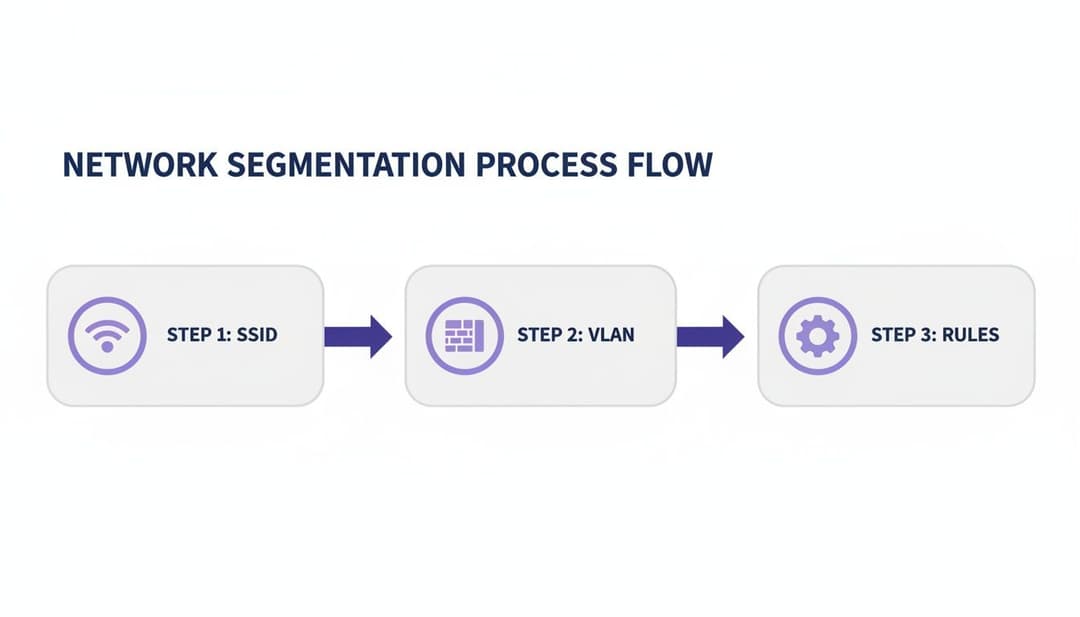 Diagram illustrating the network segmentation process flow with steps for SSID, VLAN, and rules.