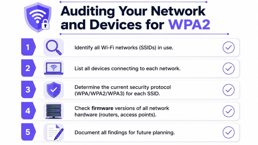 Une infographie en cinq étapes montrant comment auditer votre réseau et vos appareils pour la conformité de sécurité WPA2.