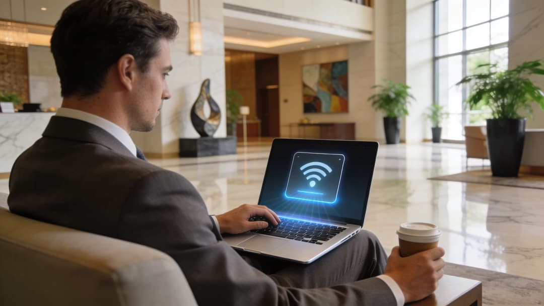 A businessman in a suit using a laptop with a glowing Wi-Fi symbol icon in a hotel lobby.