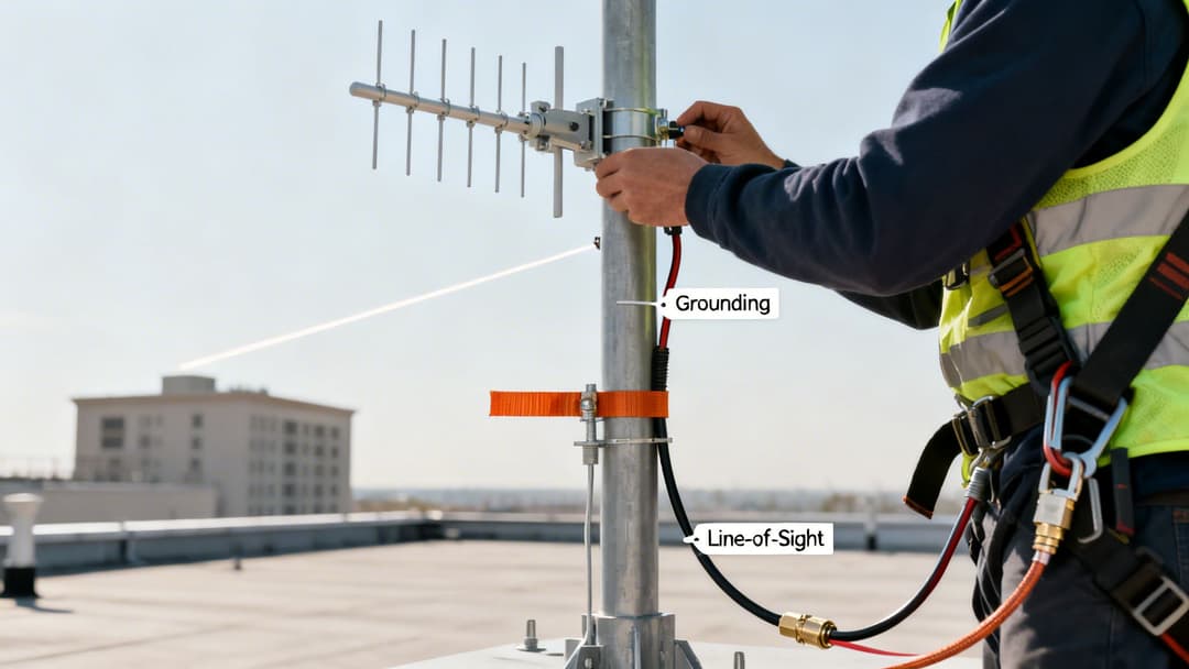 Un technicien installe une antenne Yagi externe sur un toit, assurant une mise à la terre correcte et une ligne de vue dégagée.