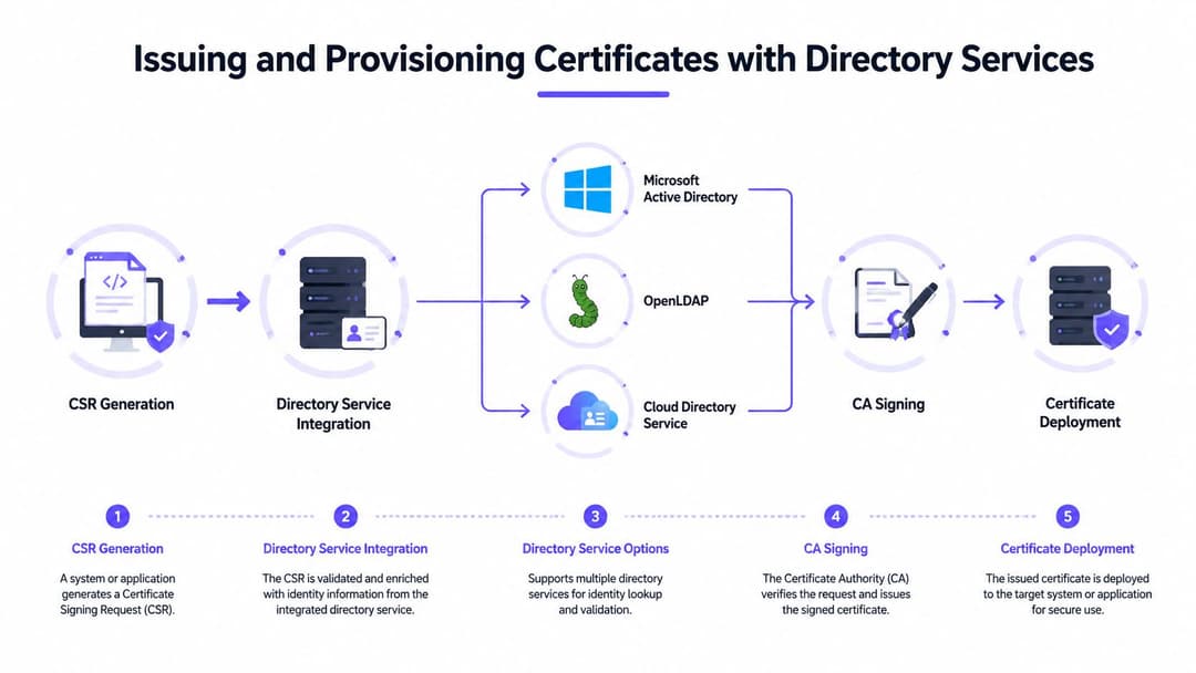 A diagram illustrating the five-step process for issuing and provisioning digital certificates using directory services integration.