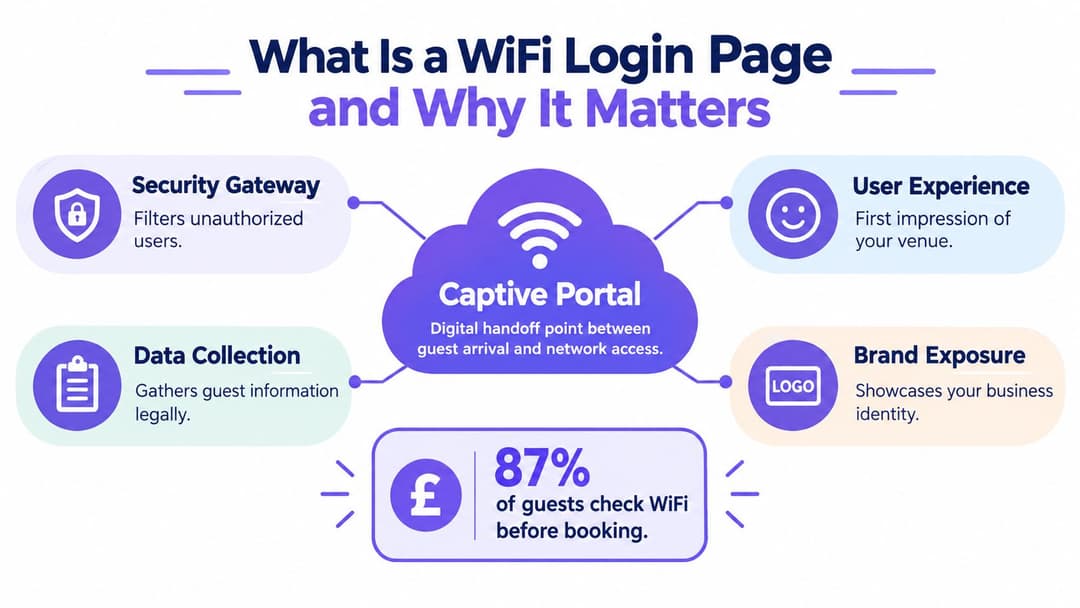 一張解釋 Captive Portal 對於訪客 WiFi 登入頁面優勢的圖解資訊圖。