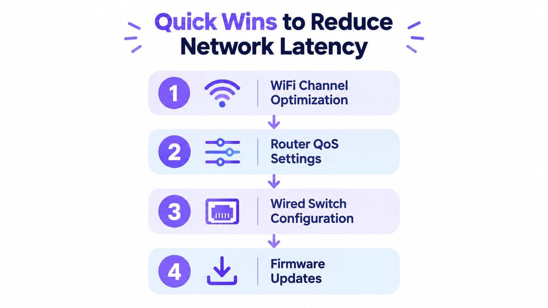 A simple infographic listing four quick steps to reduce network latency, including WiFi and router optimizations.