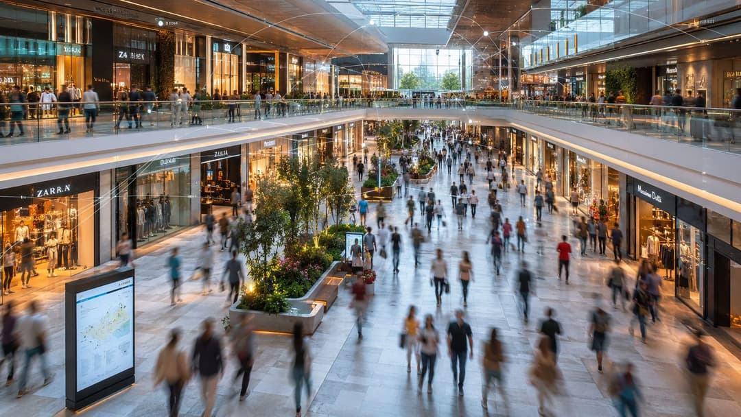 A busy modern shopping mall with many shoppers walking, enhanced with digital data network overlay graphics.