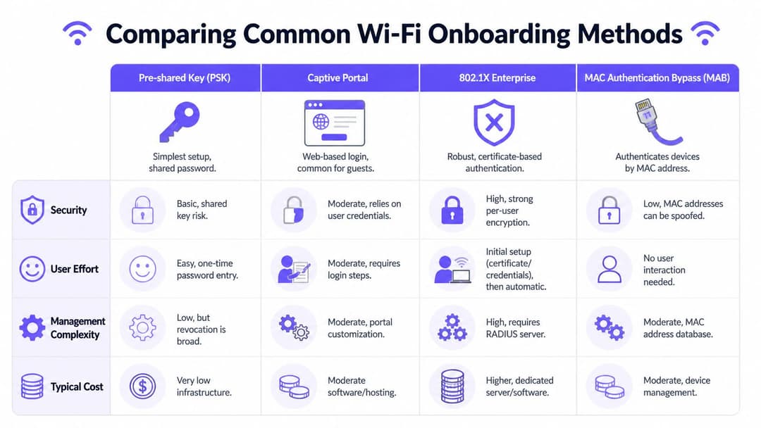 A comparison chart outlining the security, user effort, management complexity, and cost of common Wi-Fi onboarding methods.