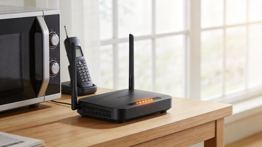 Un moderno router wireless con due antenne su una scrivania di legno accanto a un forno a microonde.