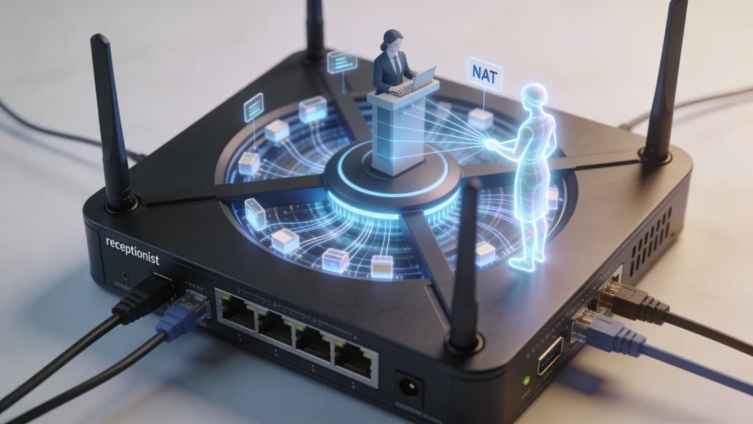 A digital router with a miniature receptionist figure and a holographic interface representing network address translation technology.