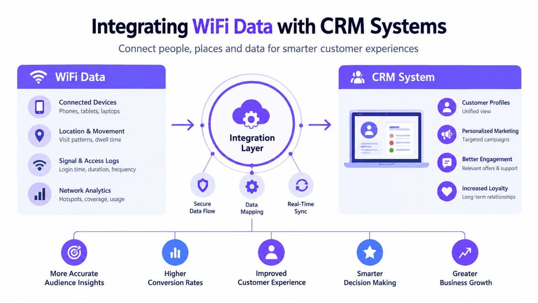 A diagram illustrating the integration of WiFi data into CRM systems for enhanced business insights and customer experiences.