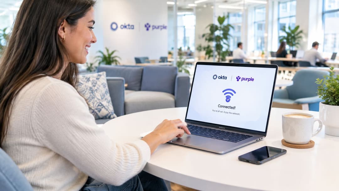 一名女子在辦公室環境中微笑著使用筆記型電腦連接 WiFi 網路。