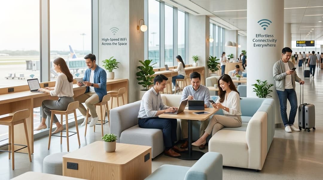 Menschen, die in einer modernen, lichtdurchfluteten Flughafen-Lounge mit Laptops und Telefonen arbeiten und sich entspannen.