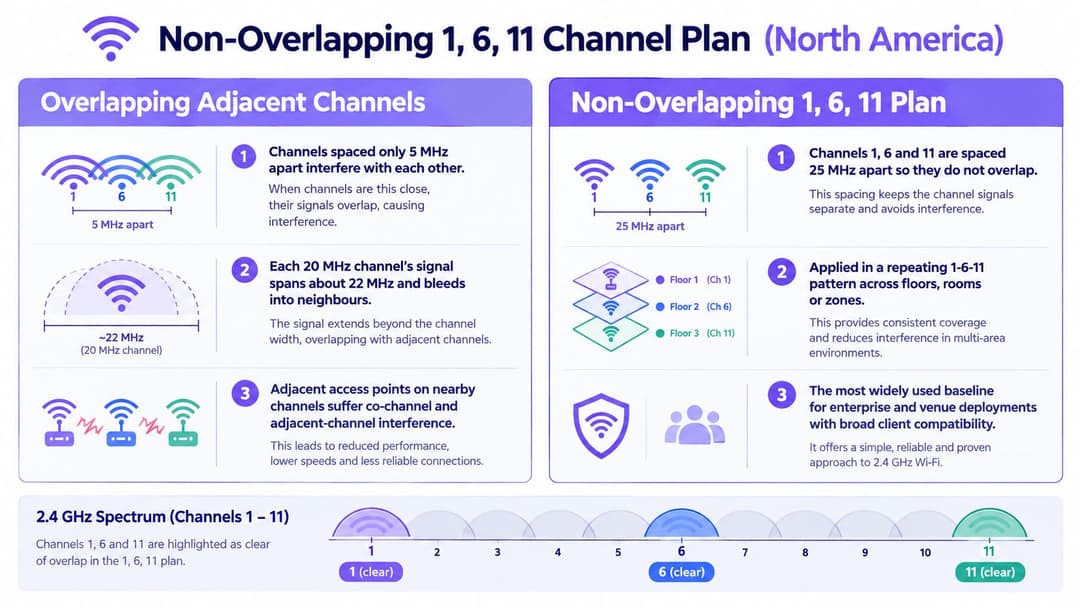 Un diagrama que ilustra los canales WiFi no superpuestos 1, 6 y 11 para un rendimiento óptimo de la red de 2.4 GHz.