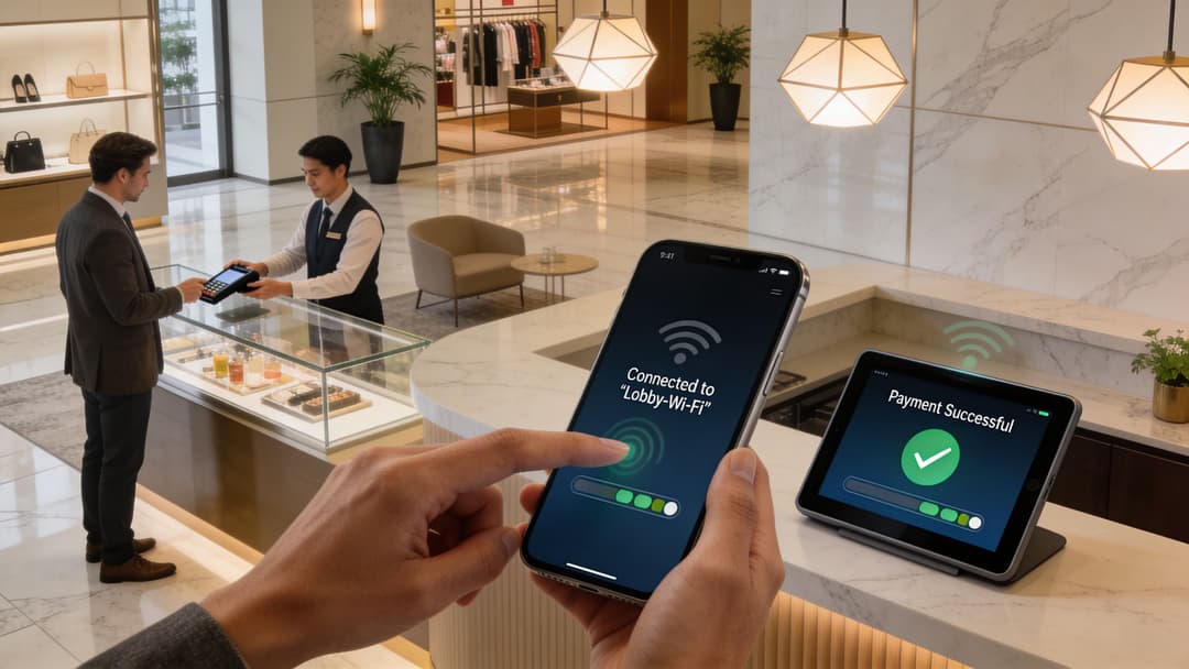 A person uses a smartphone for payment in a luxury hotel lobby near the reception desk.