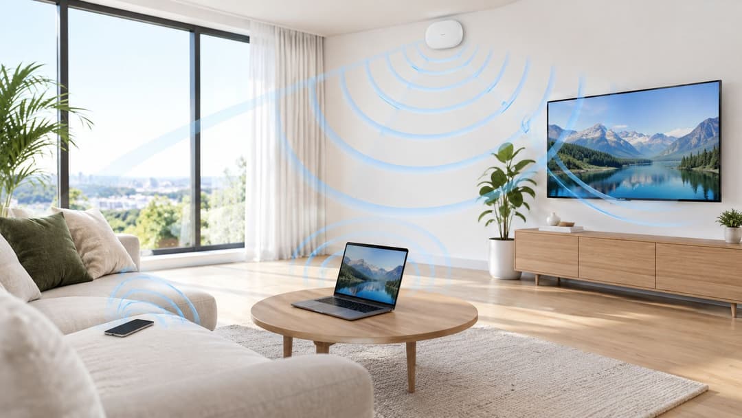 Uma sala de estar moderna mostrando o sinal de banda larga sem fio conectando um roteador a uma TV, notebook e smartphone.