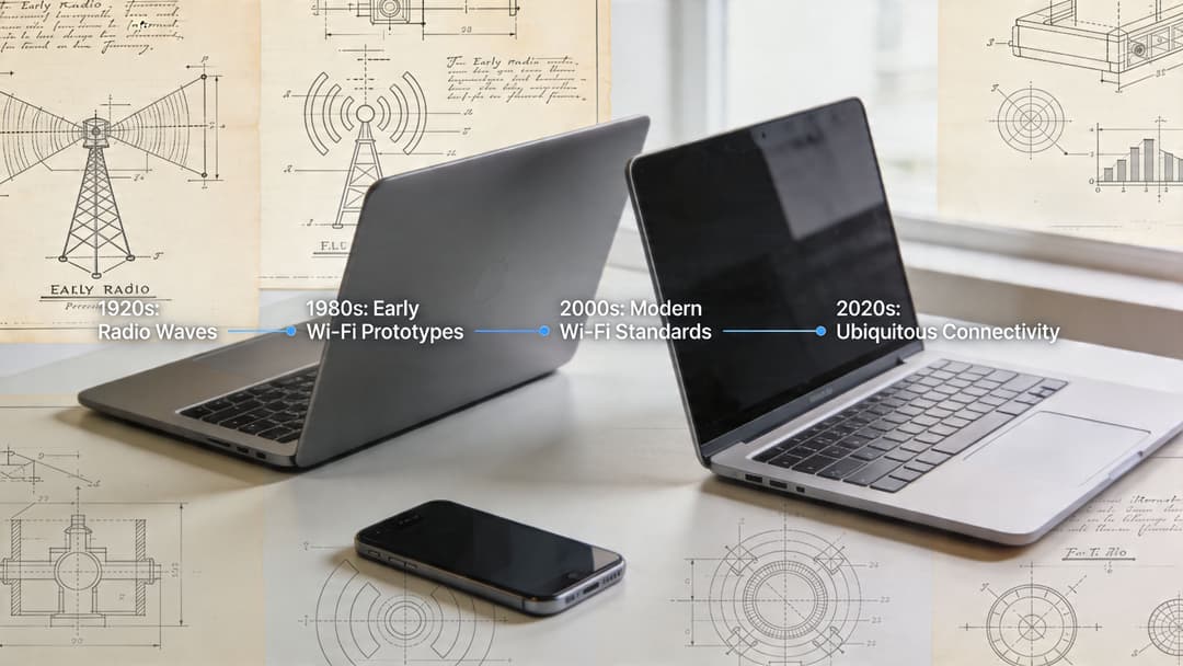 शुरुआती रेडियो तरंगों से लेकर आधुनिक सर्वव्यापी कनेक्टिविटी तक वायरलेस तकनीक के विकास को दर्शाने वाला एक टाइमलाइन ग्राफिक।