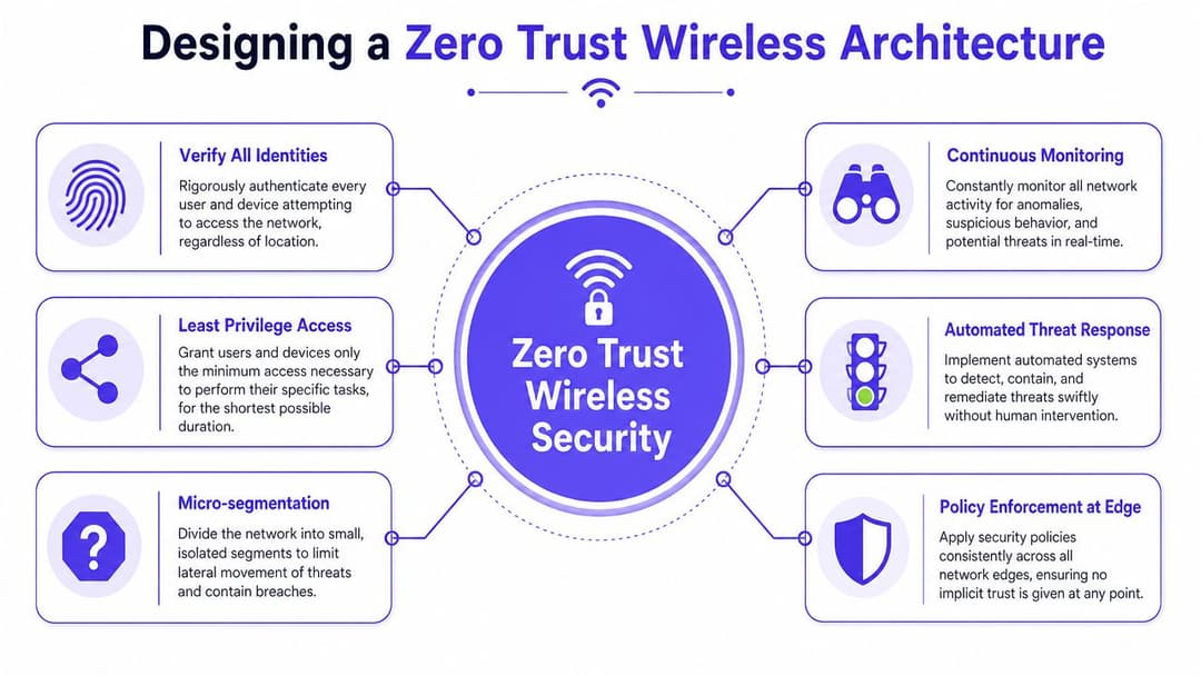 Un diagrama que ilustra los seis componentes clave para diseñar una arquitectura de red inalámbrica zero trust segura.