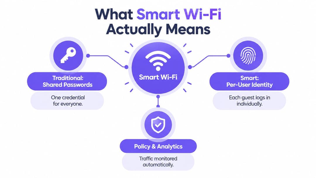 一張對比傳統共享 WiFi 密碼與具備單一使用者身分識別及分析功能之智慧 WiFi 系統的圖表。