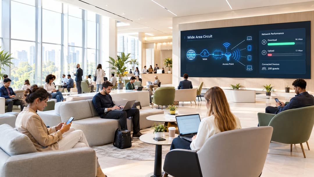 Un área de descanso de oficina moderna y luminosa con profesionales trabajando en computadoras portátiles y un gran panel digital de rendimiento de red.