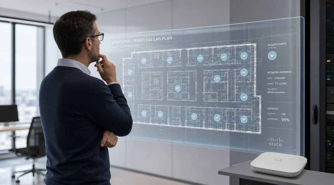 A professional analyzing a digital holographic floor plan of a wireless network layout in a modern server room.