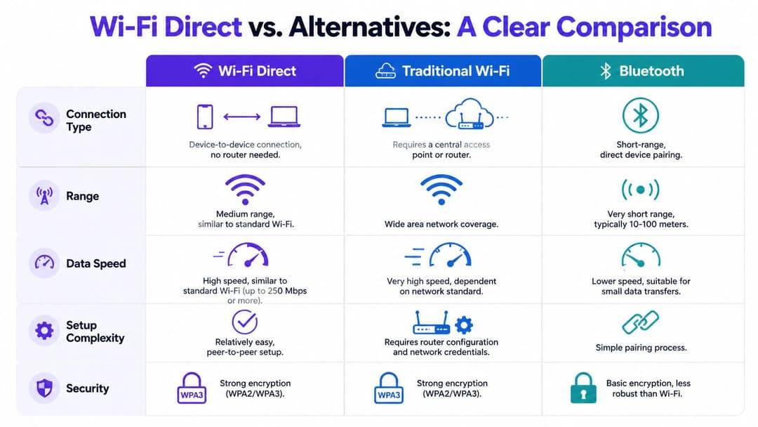 A comparison chart showing the differences between WiFi Direct, traditional WiFi, and Bluetooth technology.