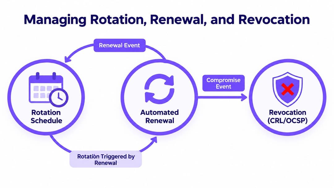 A diagram illustrating the lifecycle management of digital certificates, showing rotation, automated renewal, and revocation processes.