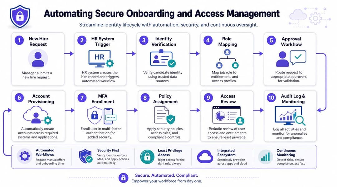 Un diagrama de diez pasos que ilustra el proceso de automatización de la incorporación segura de empleados y los flujos de trabajo de gestión de acceso de identidad.