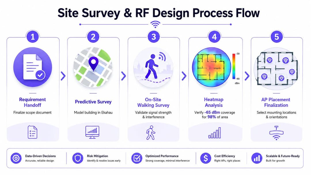 A diagram illustrating the five-step process for professional site survey and RF design for wireless network deployment.