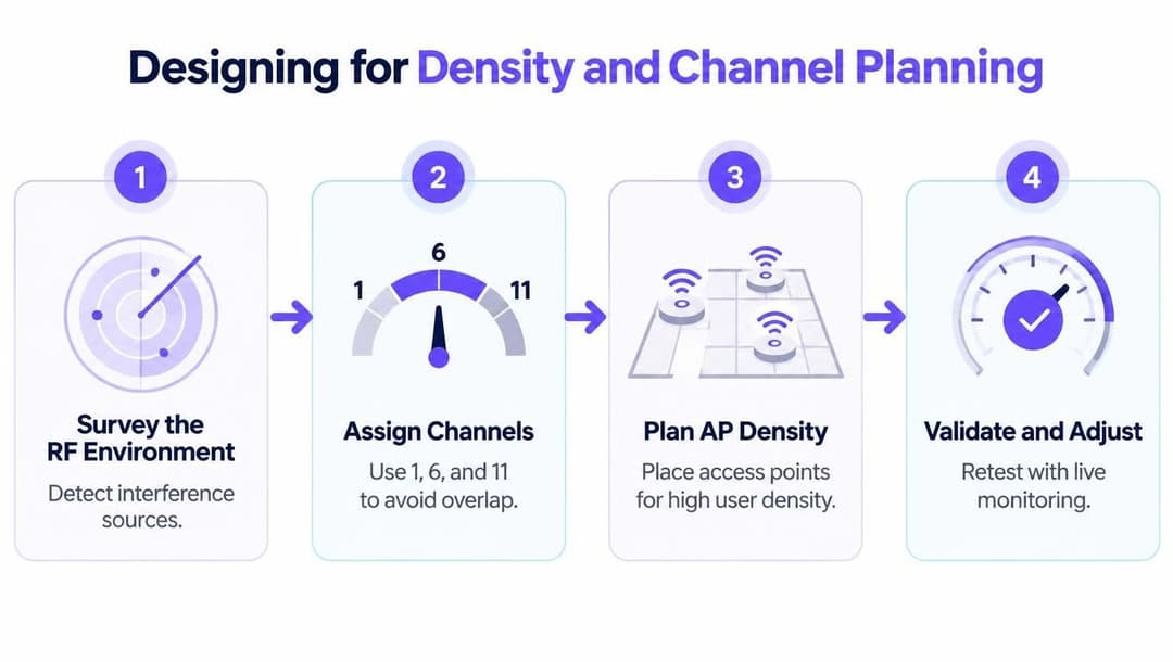 A four-step infographic illustrating the process of designing Wi-Fi density and channel planning for networks.