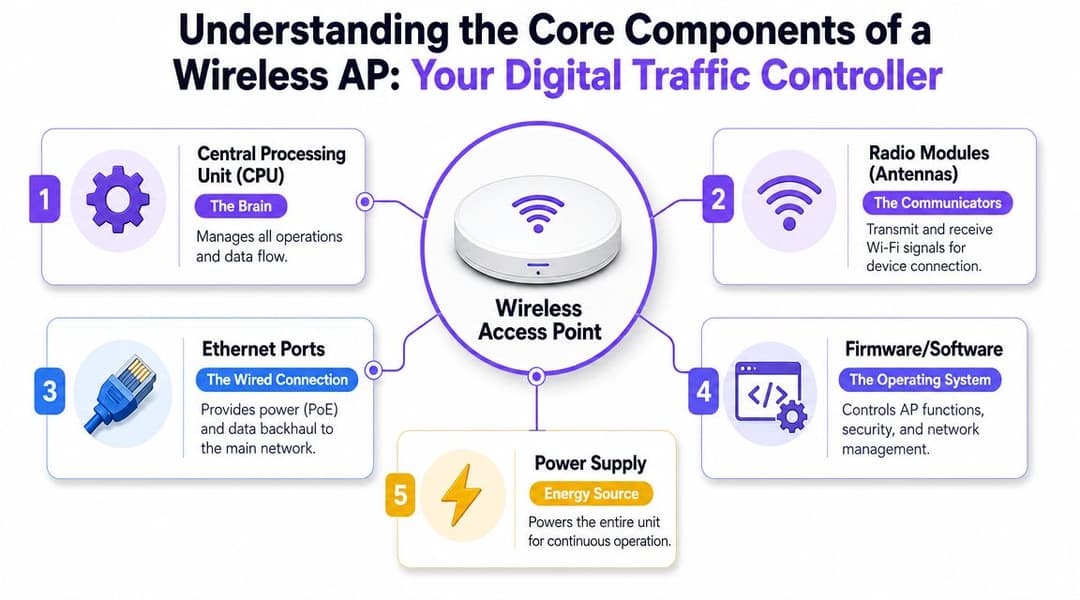 Um diagrama infográfico que ilustra os cinco componentes principais de um dispositivo de rede de ponto de acesso sem fios.