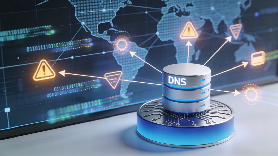 A 3D render of a DNS server icon connected to global security data points and digital icons.