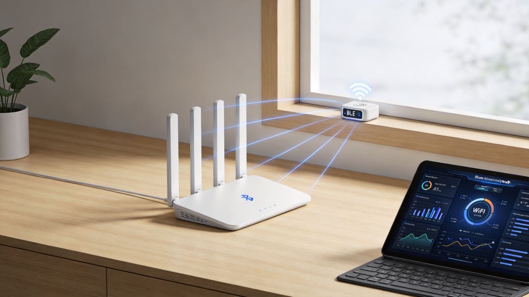 Un router che si connette in modalità wireless a un dispositivo Bluetooth Low Energy su una scrivania accanto a un laptop.
