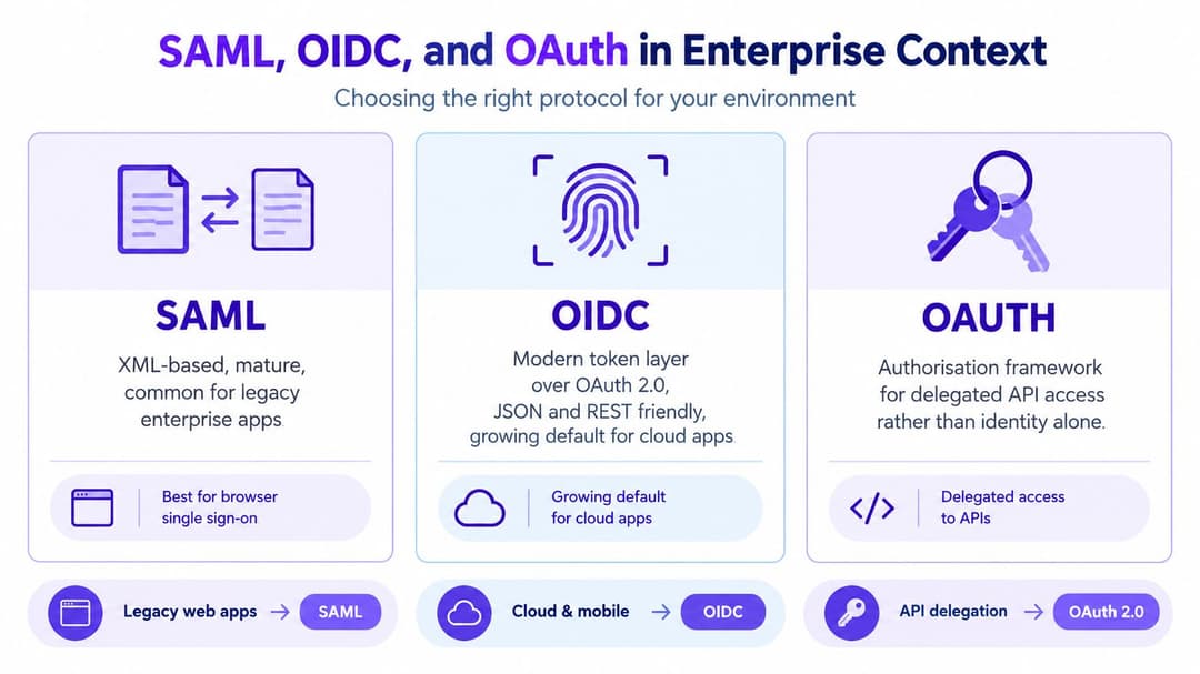 A comparison chart explaining the differences between SAML, OIDC, and OAuth protocols for enterprise software environments.