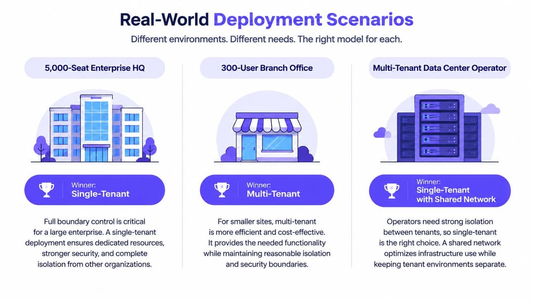 A comparison chart showing ideal deployment scenarios for single-tenant versus multi-tenant models in various business environments.