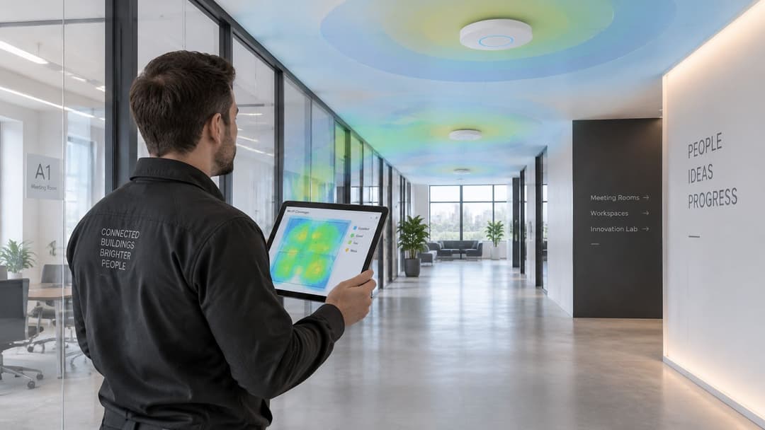 Un técnico sostiene una tablet que muestra un mapa de calor WiFi mientras está de pie en el pasillo de una oficina moderna.