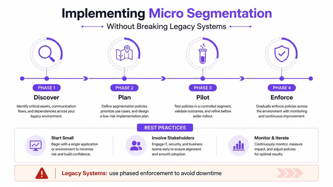 A four-phase infographic outlining the strategic process of implementing micro-segmentation in legacy IT environments securely.
