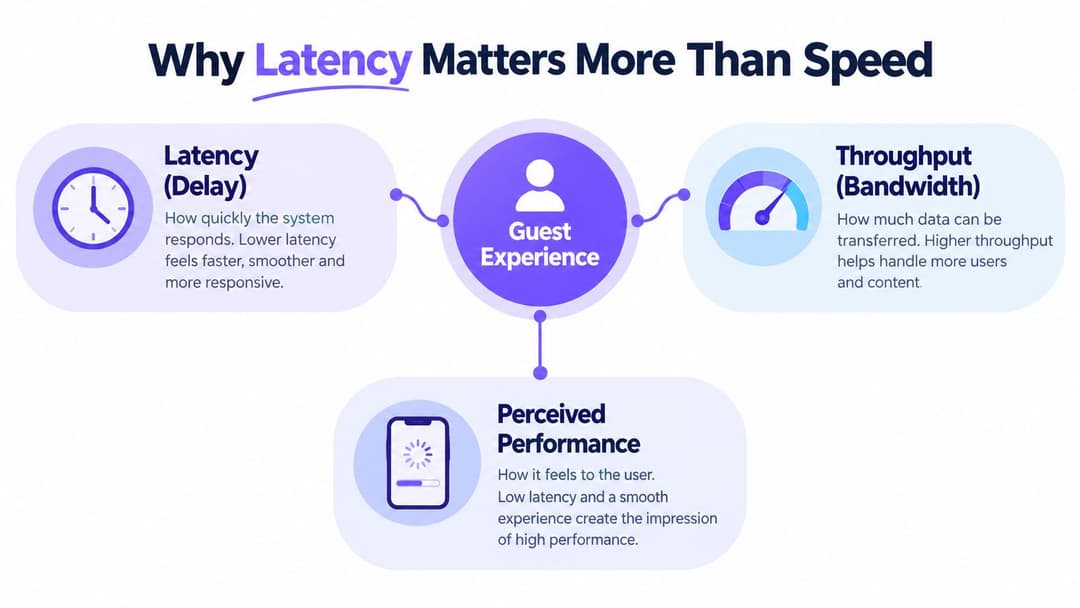 An infographic titled Why Latency Matters More Than Speed, explaining latency, throughput, and perceived performance for guest experience.