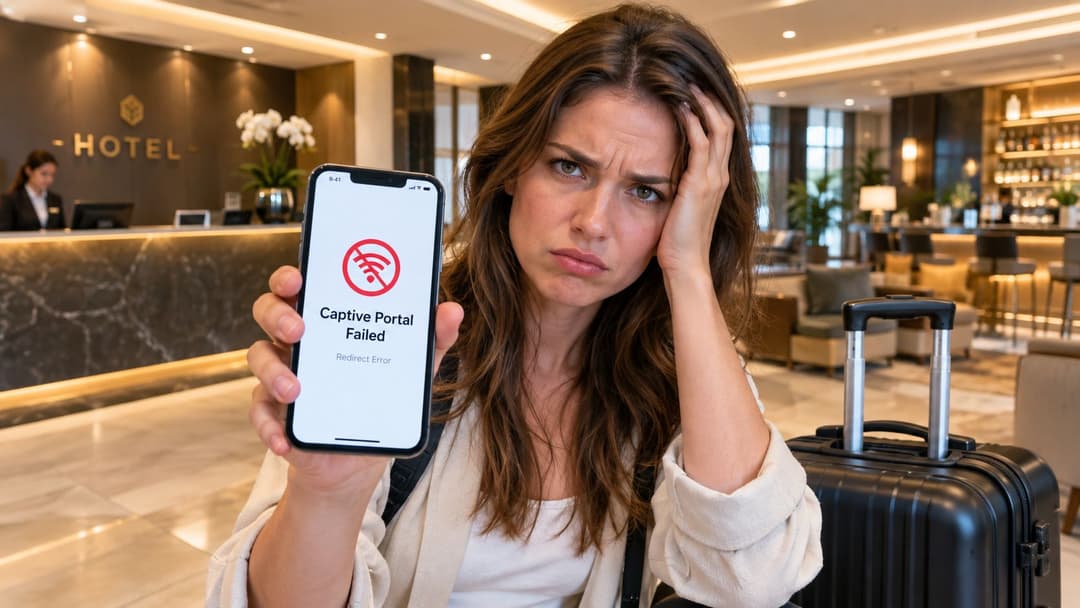 Una viaggiatrice frustrata nella hall di un hotel mostra lo schermo del telefono con un errore del Captive Portal.