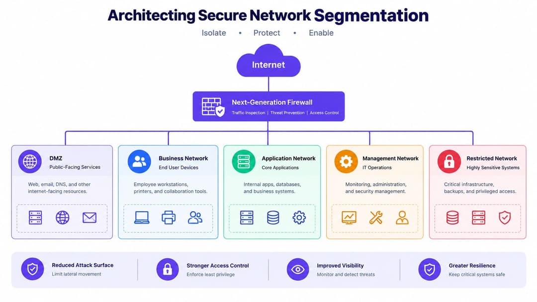 A diagram illustrating network segmentation architecture with a firewall protecting multiple network zones like DMZ and management.
