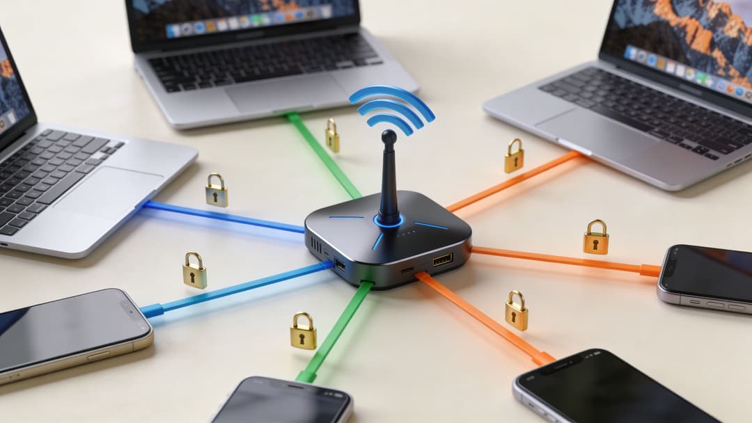 A central network hub with several connected laptops and smartphones, each with a golden padlock icon symbol.