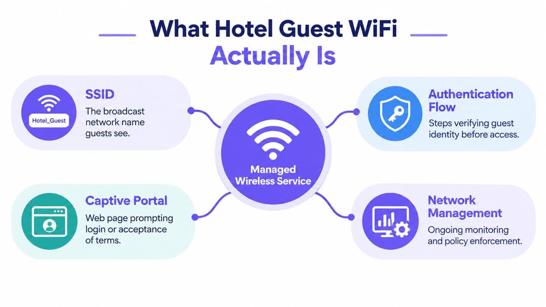 Un diagramma che illustra come il WiFi gestito per ospiti negli hotel includa SSID, autenticazione, Captive Portal e servizi di gestione della rete.
