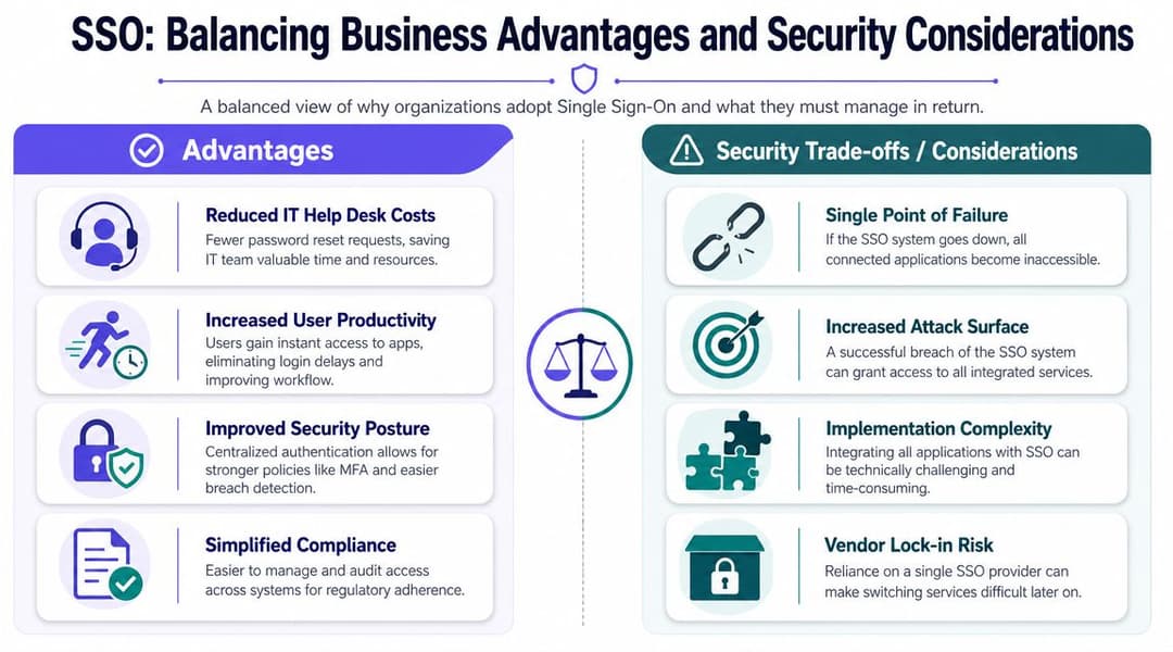Um diagrama comparando as vantagens de negócio e as considerações de segurança associadas à implementação da tecnologia de single sign-on.