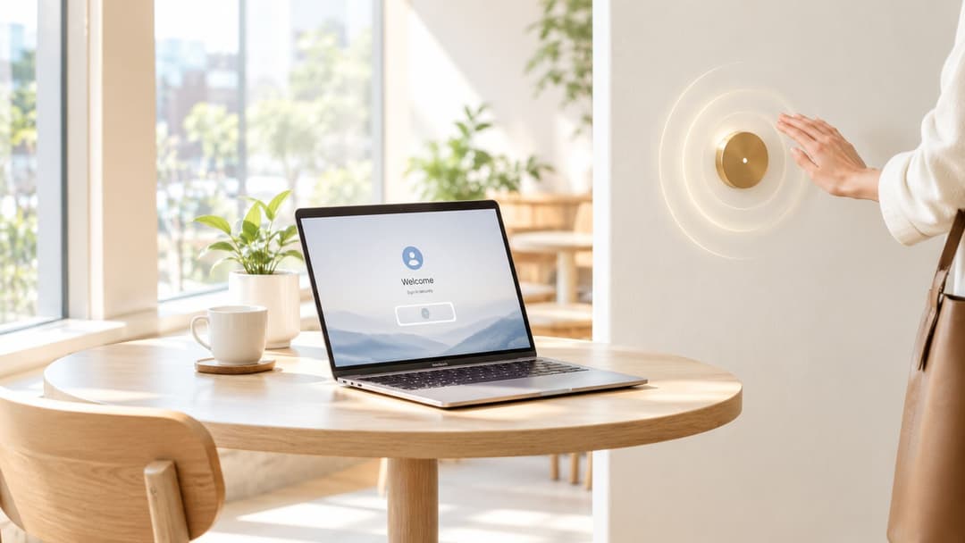 A person using a smart home wall control panel next to a laptop on a wooden table.